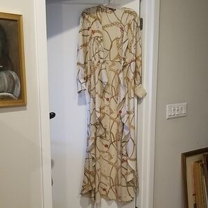 Fashion Nova Elegant Beige With Gold Chains Patterned Maxi Wrap Dress XS